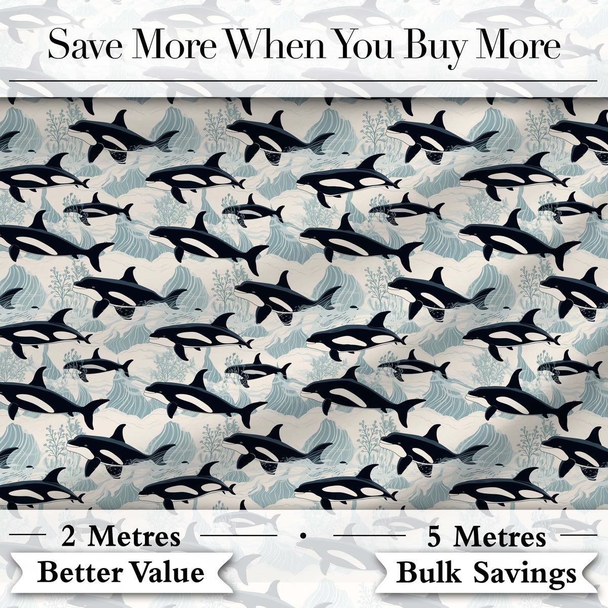 Orca Whale Ocean Wave Seamless Pattern Nautical Marine Design Digital Print Fabric by the Metre UK Sewing Quilting Textile
