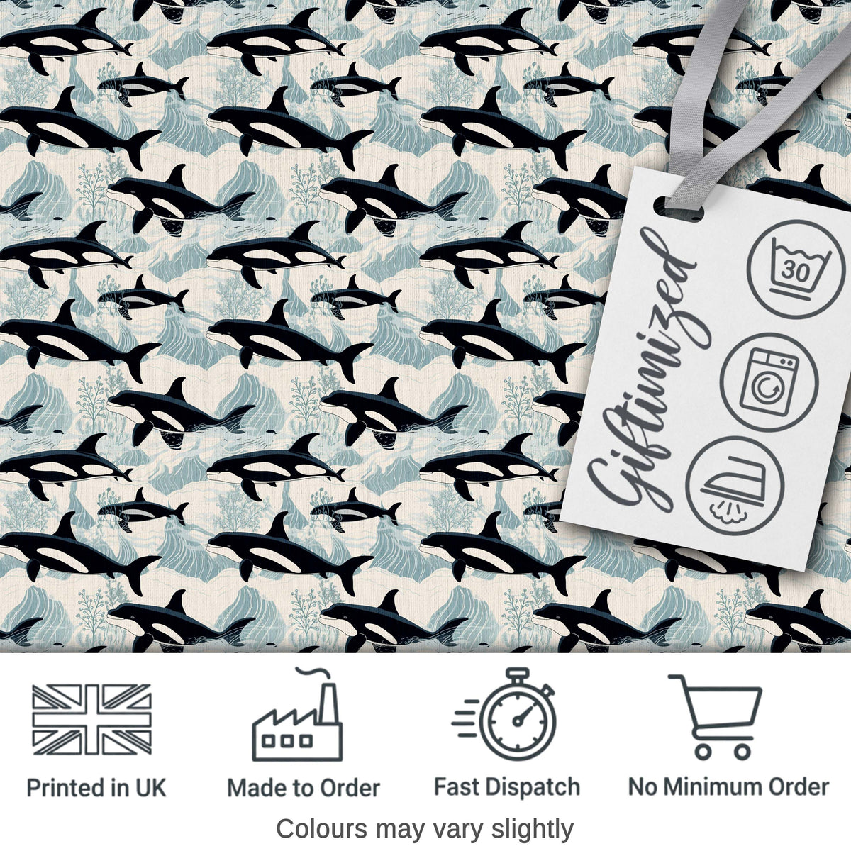 Orca Whale Ocean Wave Seamless Pattern Nautical Marine Design Digital Print Fabric by the Metre UK Sewing Quilting Textile