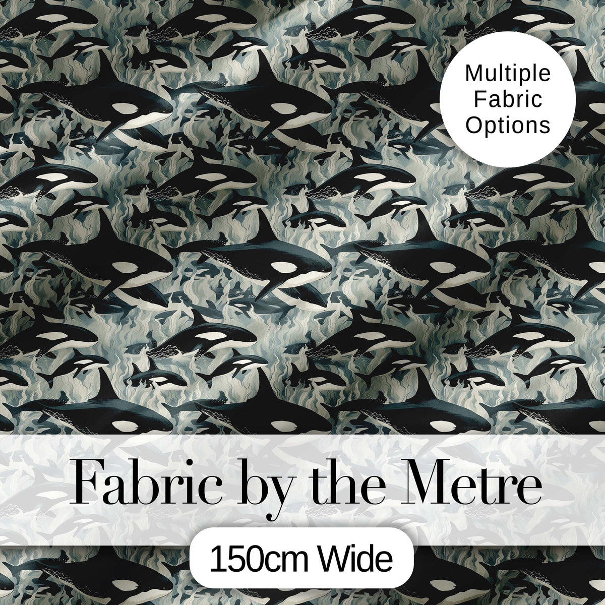 Detailed Orca Whale Water Texture Seamless Pattern Marine Life Design Digital Print Fabric by the Metre UK Sewing Quilting Textile