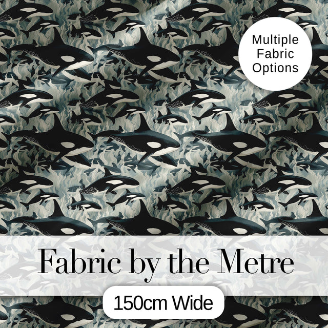Detailed Orca Whale Water Texture Seamless Pattern Marine Life Design Digital Print Fabric by the Metre UK Sewing Quilting Textile