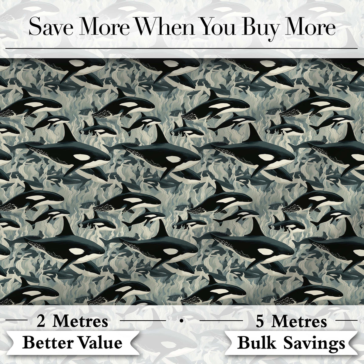 Detailed Orca Whale Water Texture Seamless Pattern Marine Life Design Digital Print Fabric by the Metre UK Sewing Quilting Textile