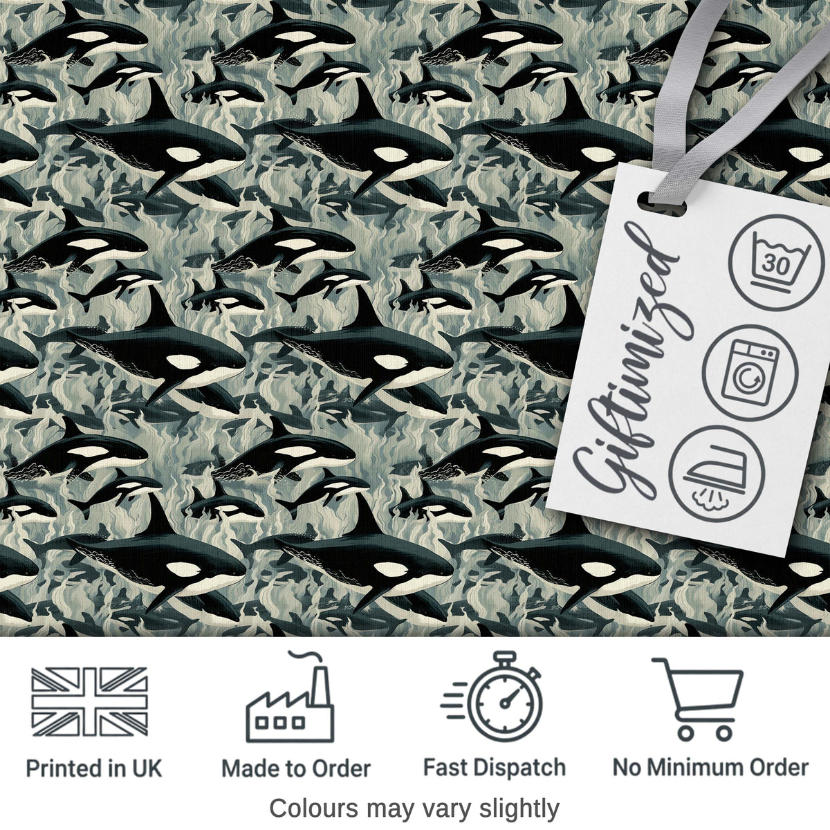 Detailed Orca Whale Water Texture Seamless Pattern Marine Life Design Digital Print Fabric by the Metre UK Sewing Quilting Textile
