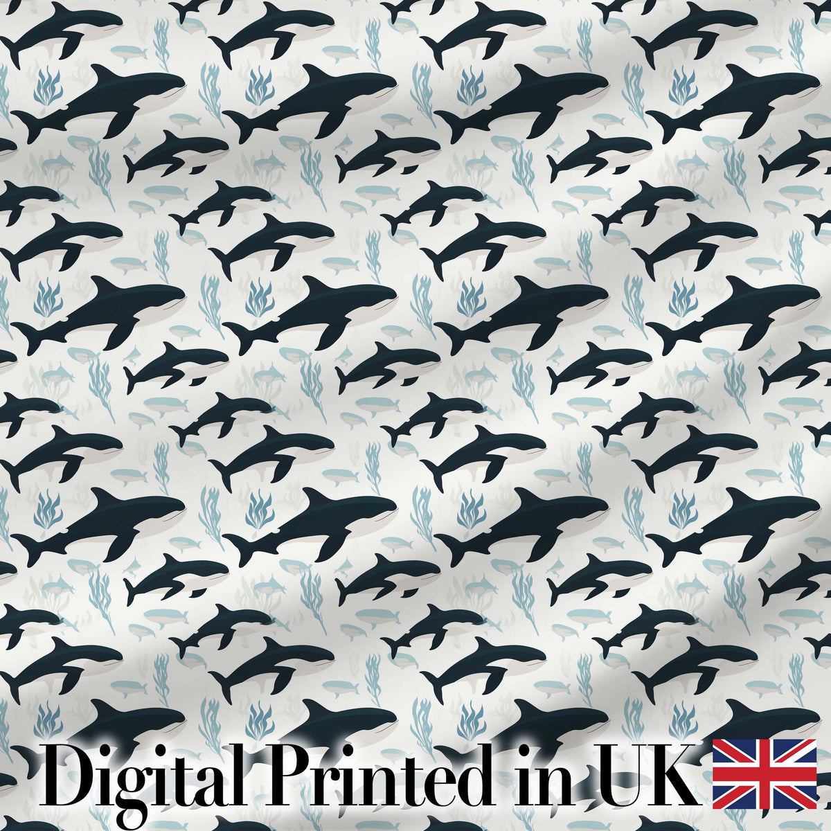 Realistic Orca Whale Water Reflection Seamless Pattern Ocean Wildlife Design Digital Print Fabric by the Metre UK Sewing Quilting Textile