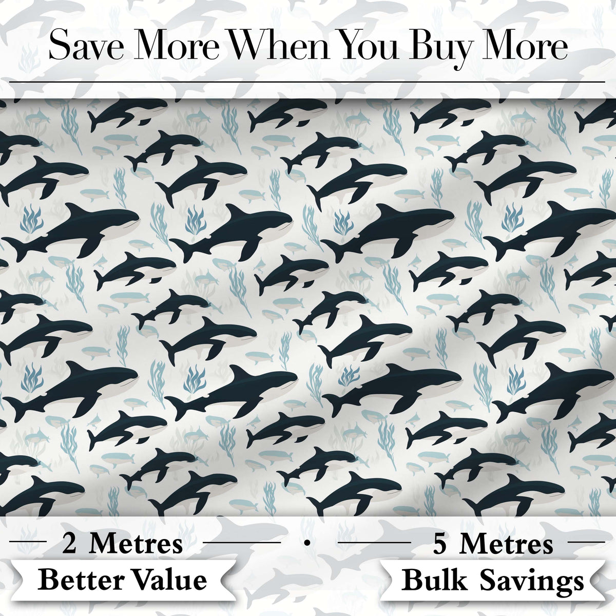Realistic Orca Whale Water Reflection Seamless Pattern Ocean Wildlife Design Digital Print Fabric by the Metre UK Sewing Quilting Textile