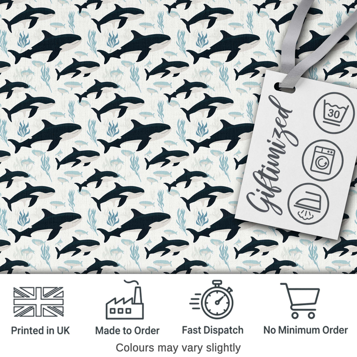 Realistic Orca Whale Water Reflection Seamless Pattern Ocean Wildlife Design Digital Print Fabric by the Metre UK Sewing Quilting Textile