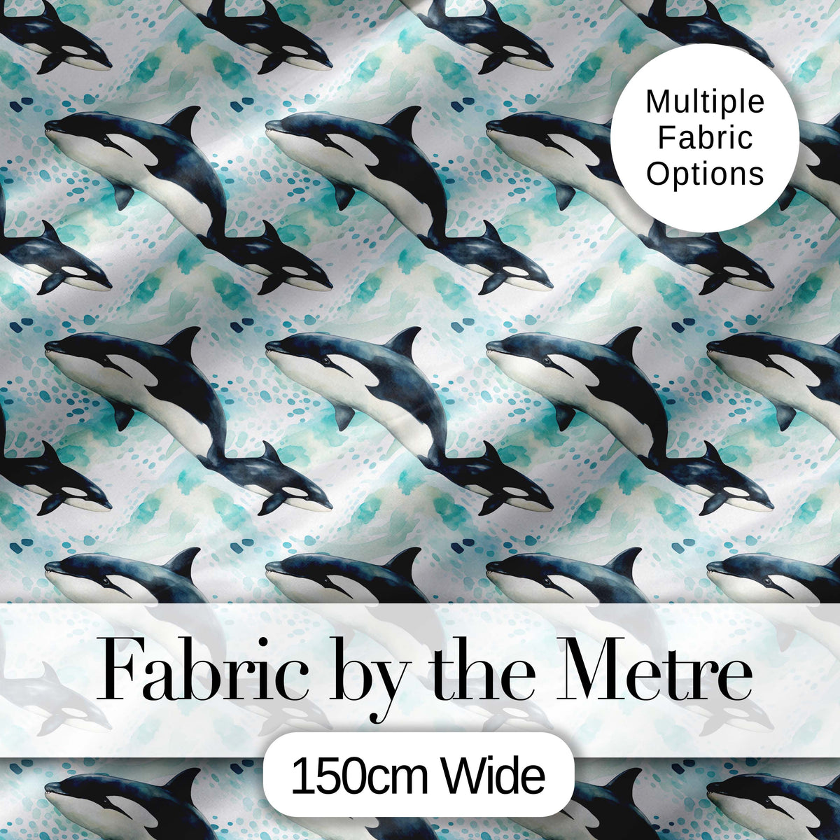 Stylised Orca Whale Wave Seamless Pattern Nautical Ocean Scene Design Digital Print Fabric by the Metre UK Sewing Quilting Textile