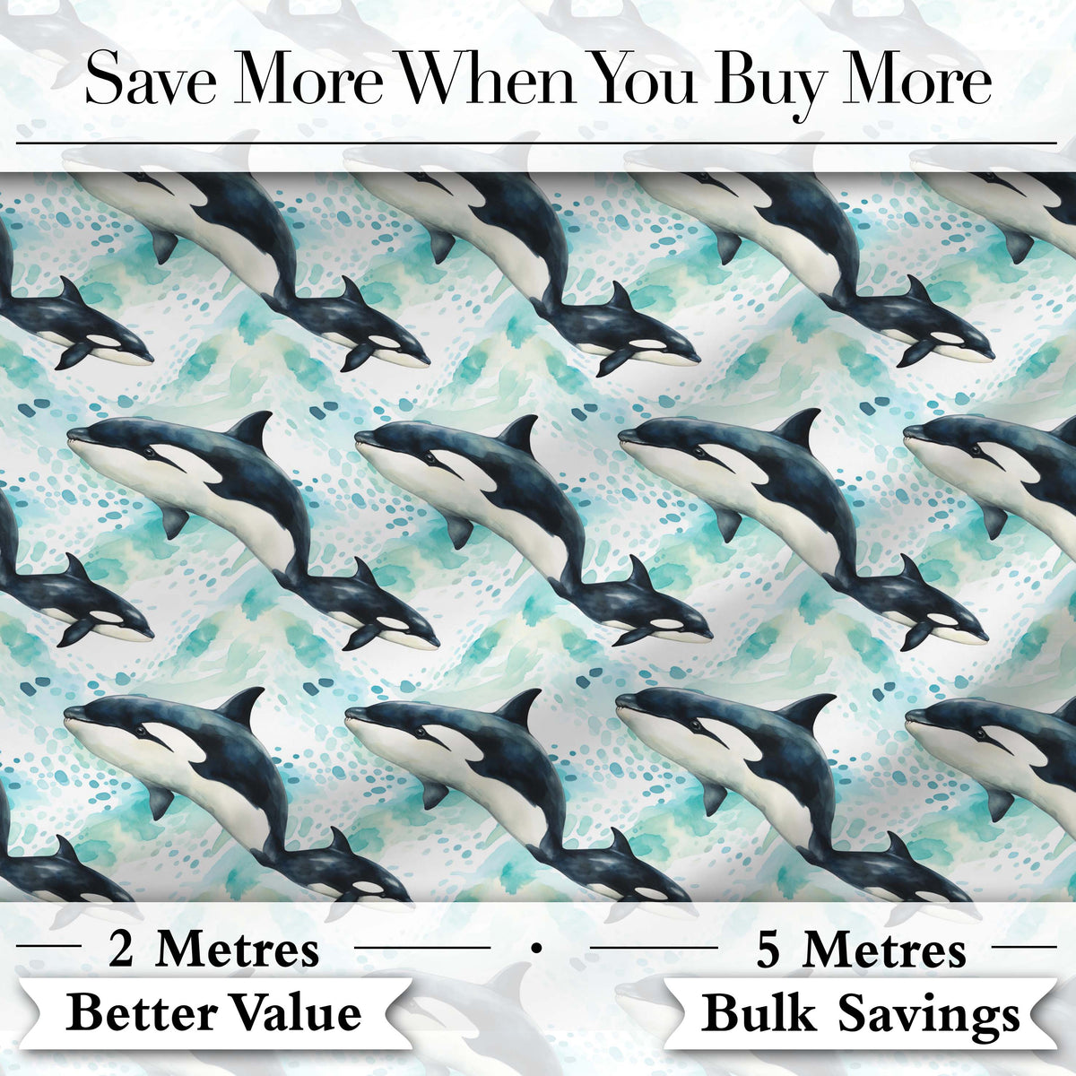 Stylised Orca Whale Wave Seamless Pattern Nautical Ocean Scene Design Digital Print Fabric by the Metre UK Sewing Quilting Textile