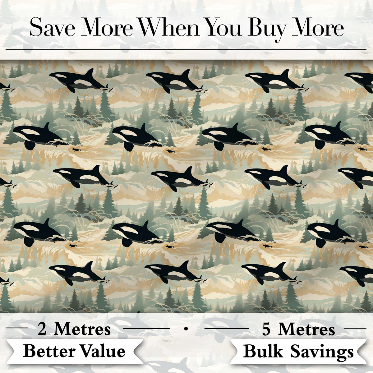 Artistic Orca Whale Splash Texture Seamless Pattern Marine Watercolour Design Digital Print Fabric by the Metre UK Sewing Quilting Textile