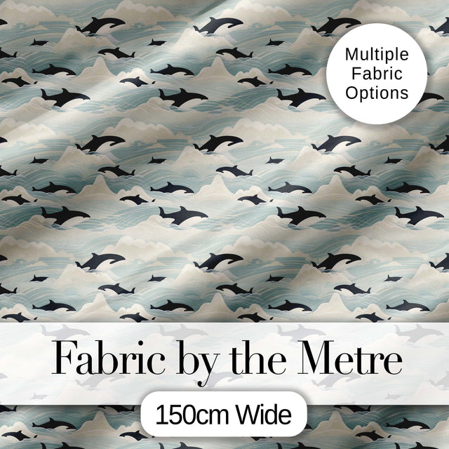 Orca Whale Seaweed Seamless Pattern Coastal Marine Botanical Design Digital Print Fabric by the Metre UK Sewing Quilting Textile