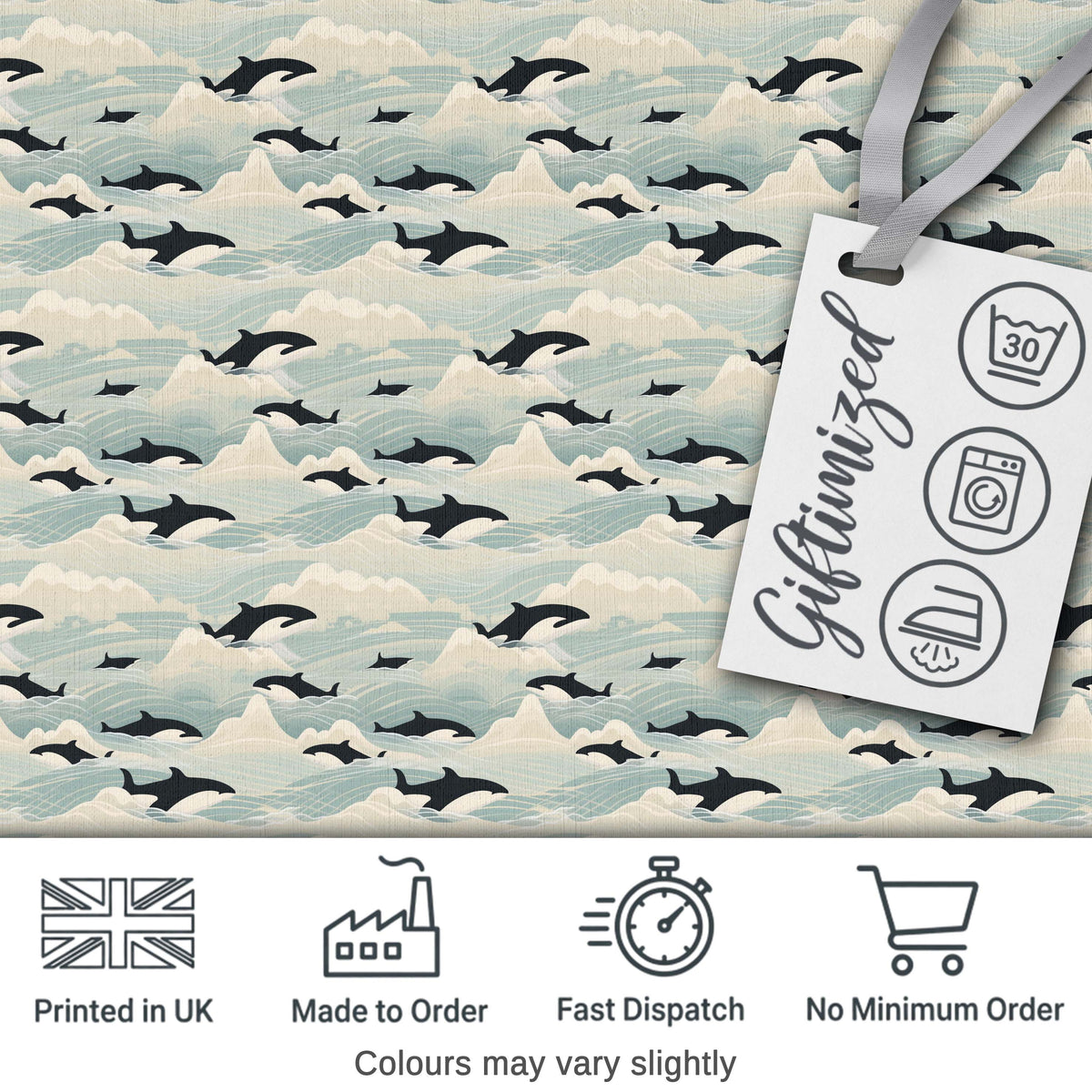 Orca Whale Seaweed Seamless Pattern Coastal Marine Botanical Design Digital Print Fabric by the Metre UK Sewing Quilting Textile