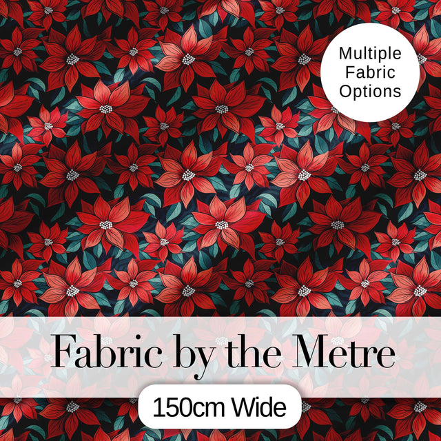 Classic Red Poinsettia Floral Dark Background Christmas Seamless Pattern Digital Print Fabric by the Metre UK Sewing Quilting Textile
