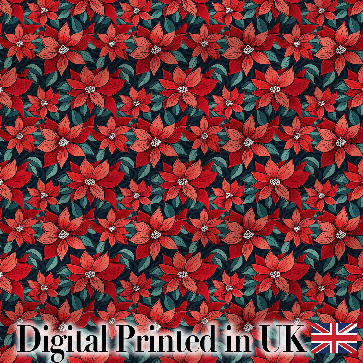 Classic Red Poinsettia Floral Dark Background Christmas Seamless Pattern Digital Print Fabric by the Metre UK Sewing Quilting Textile
