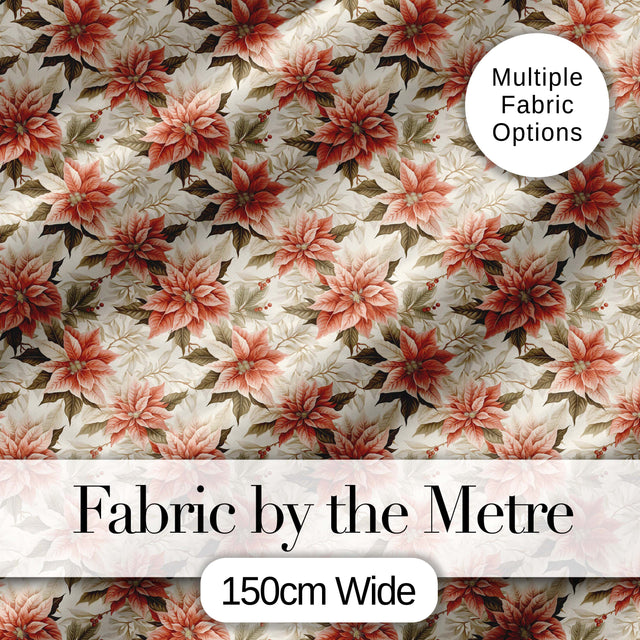 Vintage Cream Poinsettia Floral Botanical Christmas Seamless Pattern Digital Print Fabric by the Metre UK Sewing Quilting Textile
