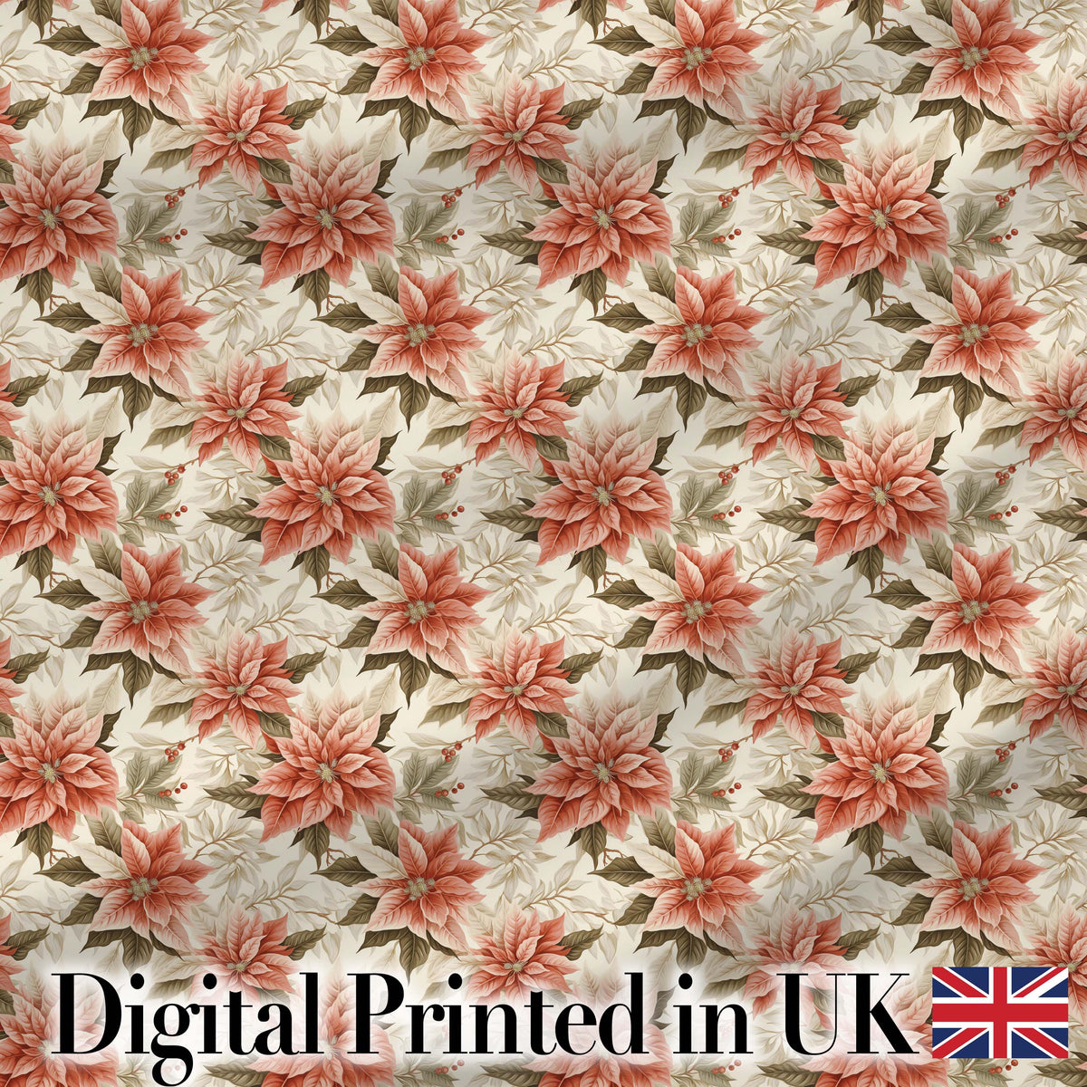 Vintage Cream Poinsettia Floral Botanical Christmas Seamless Pattern Digital Print Fabric by the Metre UK Sewing Quilting Textile