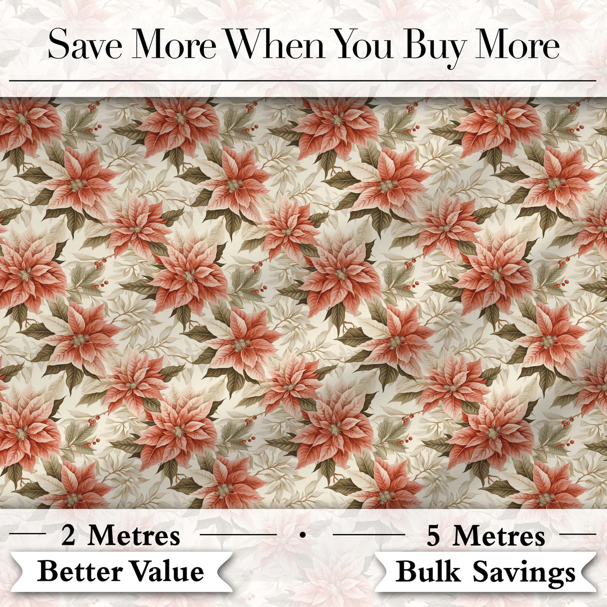 Vintage Cream Poinsettia Floral Botanical Christmas Seamless Pattern Digital Print Fabric by the Metre UK Sewing Quilting Textile
