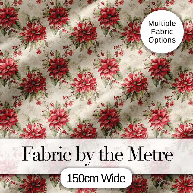 Botanical Poinsettia and Foliage Christmas Garden Seamless Pattern Digital Print Fabric by the Metre UK Sewing Quilting Textile