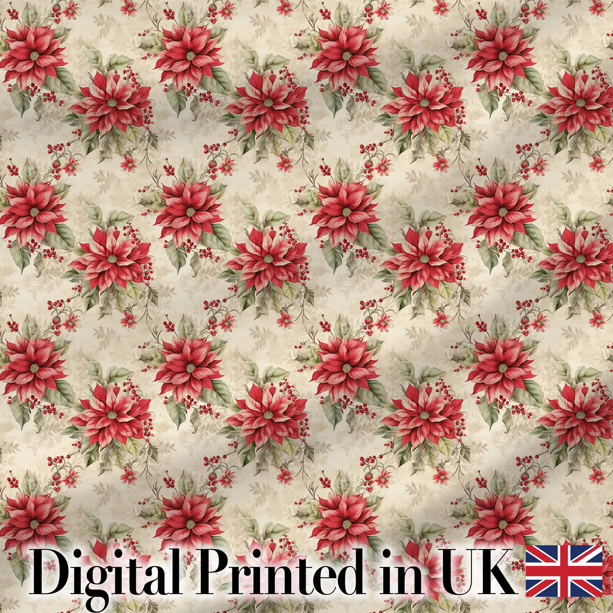 Botanical Poinsettia and Foliage Christmas Garden Seamless Pattern Digital Print Fabric by the Metre UK Sewing Quilting Textile