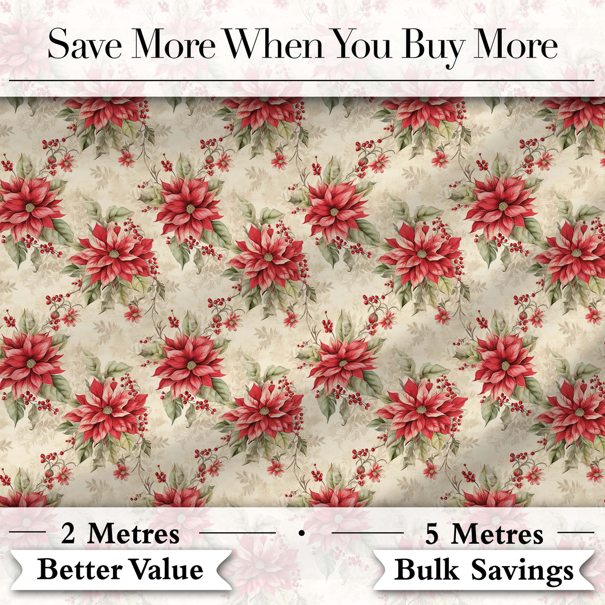 Botanical Poinsettia and Foliage Christmas Garden Seamless Pattern Digital Print Fabric by the Metre UK Sewing Quilting Textile