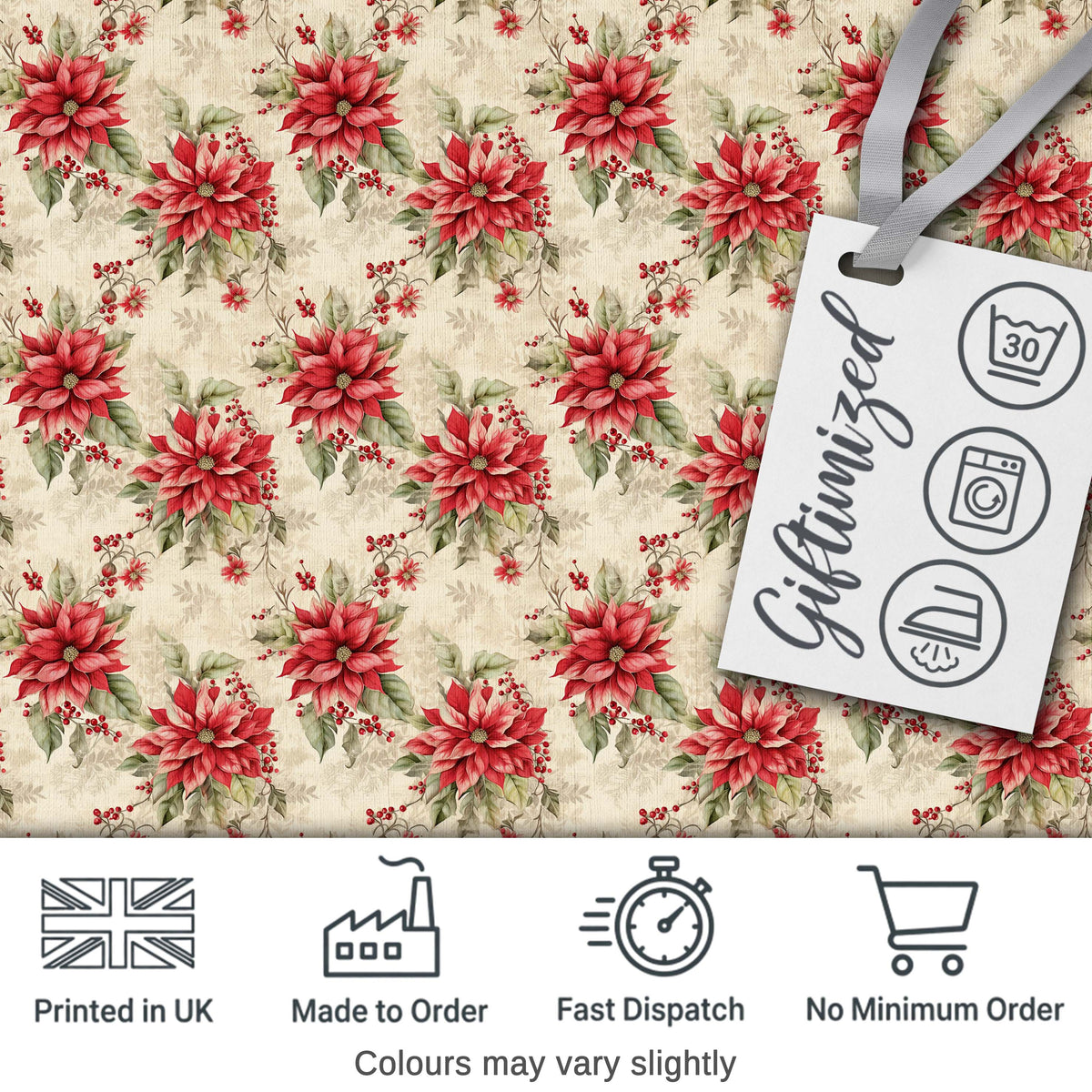 Botanical Poinsettia and Foliage Christmas Garden Seamless Pattern Digital Print Fabric by the Metre UK Sewing Quilting Textile