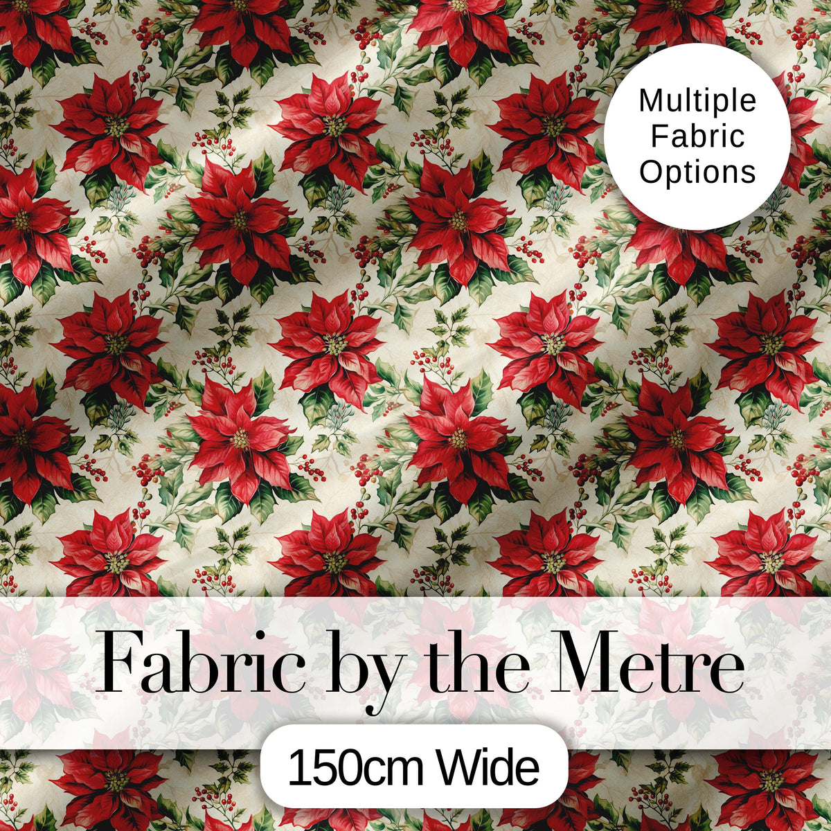 Classic Christmas Poinsettia Floral Cream Background Seamless Pattern Digital Print Fabric by the Metre UK Sewing Quilting Textile