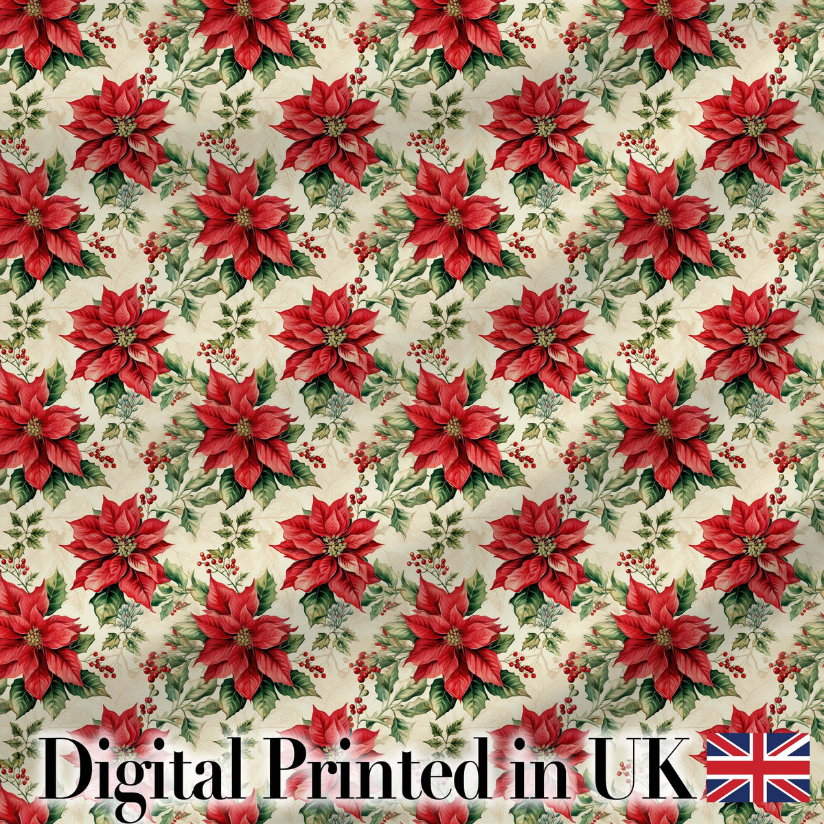 Classic Christmas Poinsettia Floral Cream Background Seamless Pattern Digital Print Fabric by the Metre UK Sewing Quilting Textile