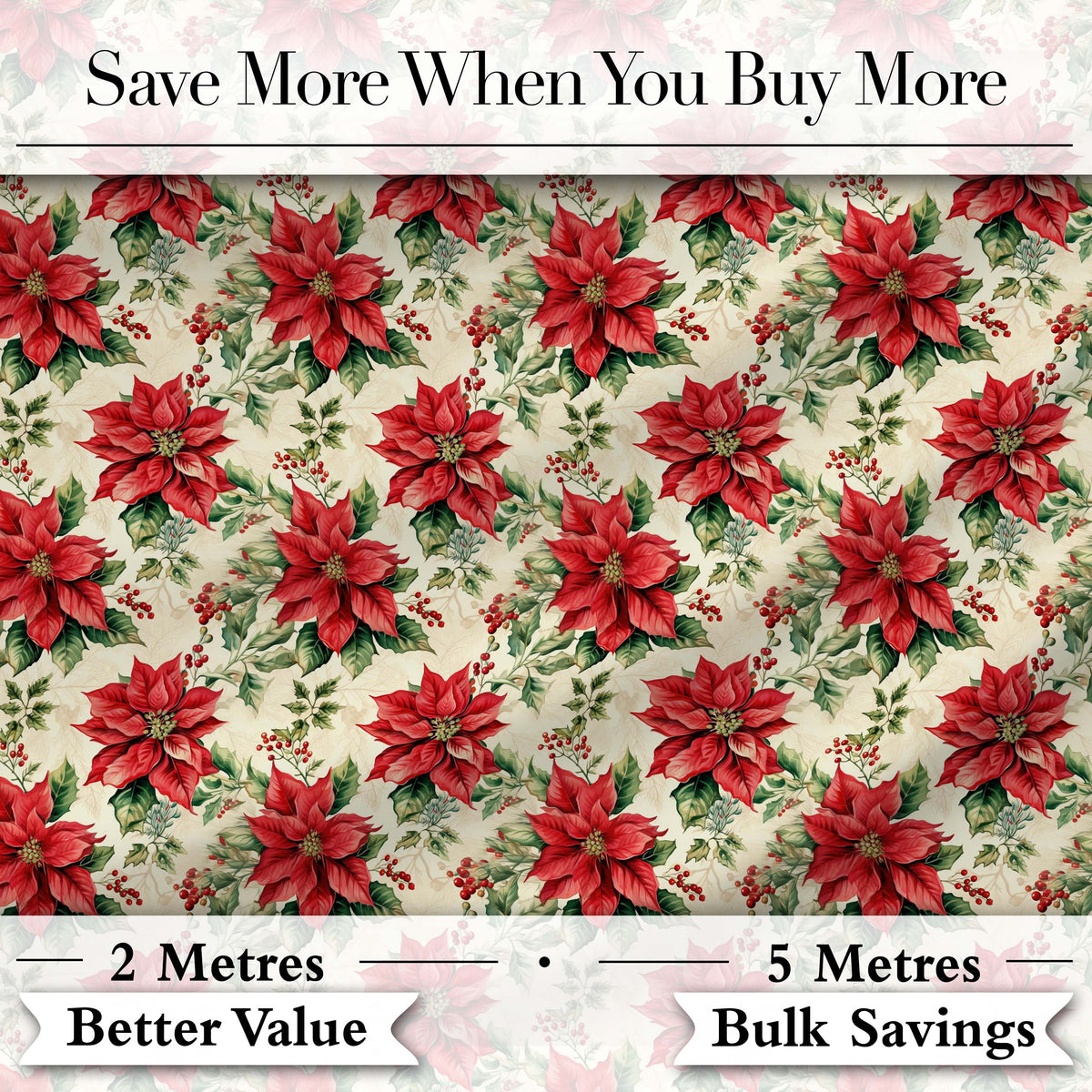 Classic Christmas Poinsettia Floral Cream Background Seamless Pattern Digital Print Fabric by the Metre UK Sewing Quilting Textile