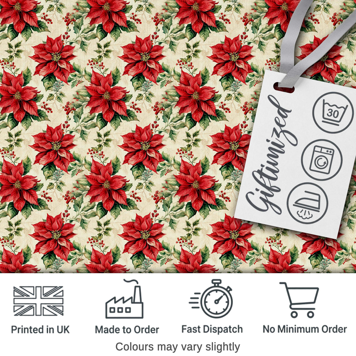 Classic Christmas Poinsettia Floral Cream Background Seamless Pattern Digital Print Fabric by the Metre UK Sewing Quilting Textile
