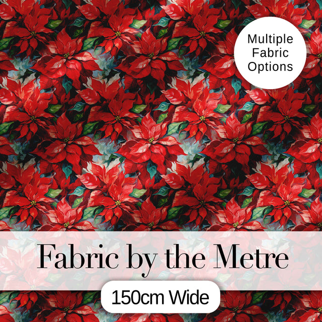 Painterly Red Poinsettia Floral Artistic Seamless Pattern Digital Print Fabric by the Metre UK Sewing Quilting Textile