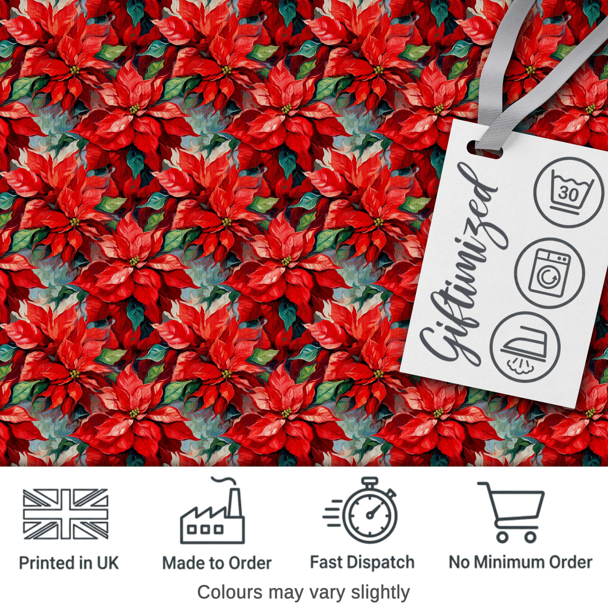 Painterly Red Poinsettia Floral Artistic Seamless Pattern Digital Print Fabric by the Metre UK Sewing Quilting Textile