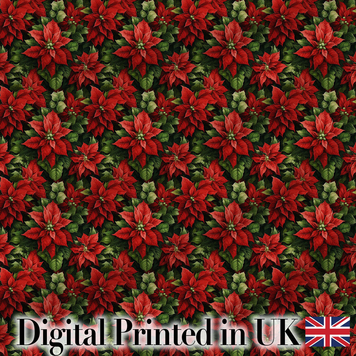 Bold Festive Poinsettia with Deep Green Leaves Seamless Pattern Digital Print Fabric by the Metre UK Sewing Quilting Textile