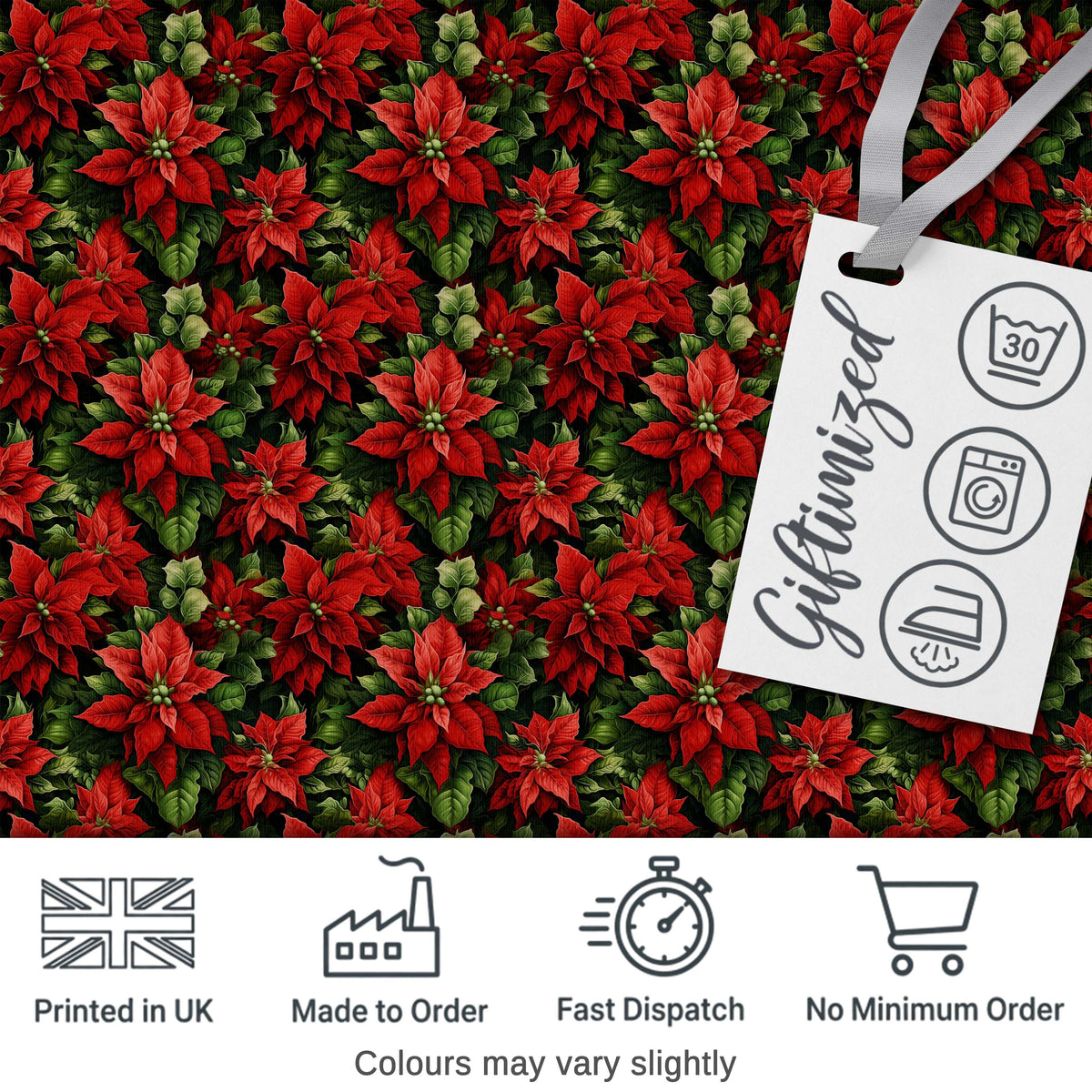 Bold Festive Poinsettia with Deep Green Leaves Seamless Pattern Digital Print Fabric by the Metre UK Sewing Quilting Textile