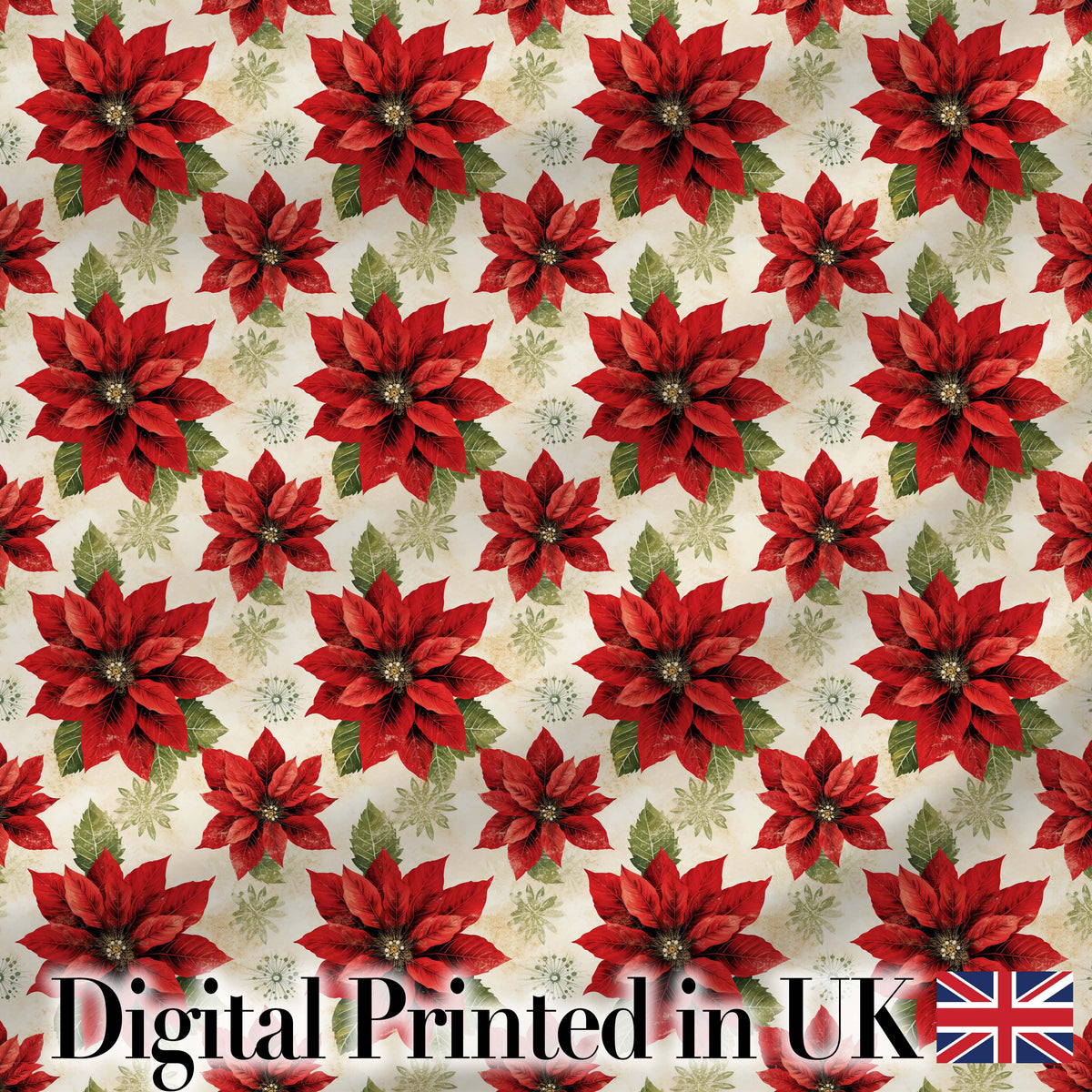 Traditional Poinsettia with Snowflake Accents Seamless Pattern Digital Print Fabric by the Metre UK Sewing Quilting Textile