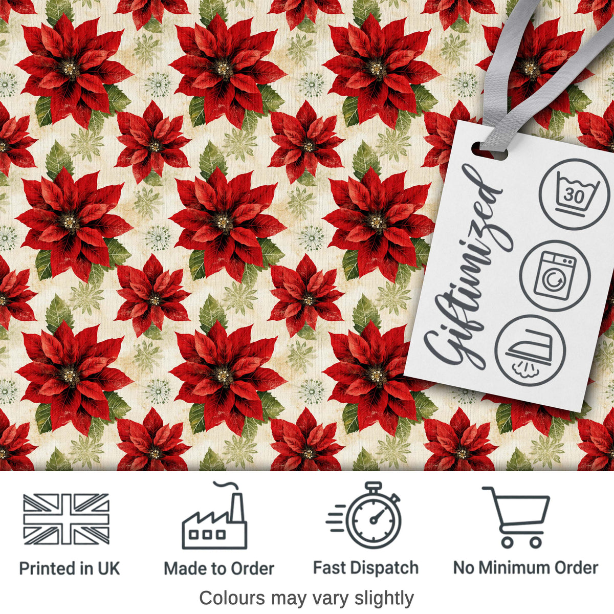 Traditional Poinsettia with Snowflake Accents Seamless Pattern Digital Print Fabric by the Metre UK Sewing Quilting Textile