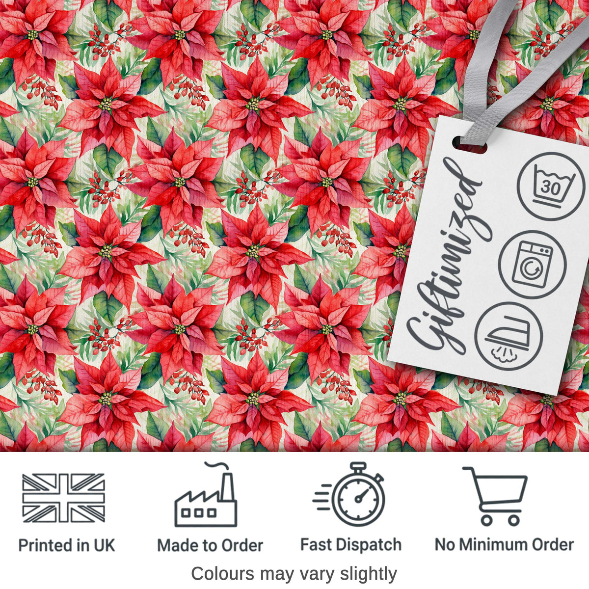 Soft Watercolour Poinsettia Christmas Floral Seamless Pattern Digital Print Fabric by the Metre UK Sewing Quilting Textile