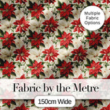 Vintage Poinsettia Floral   Cream Background Christmas Botanical Print Digital Print Fabric by the Metre UK Sewing Quilting Textile