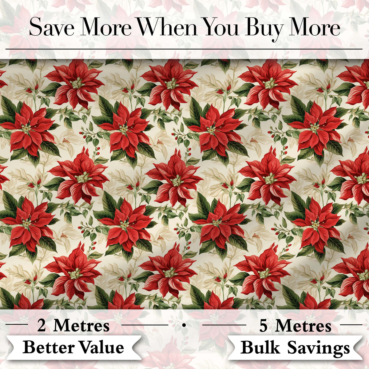 Vintage Poinsettia Floral   Cream Background Christmas Botanical Print Digital Print Fabric by the Metre UK Sewing Quilting Textile