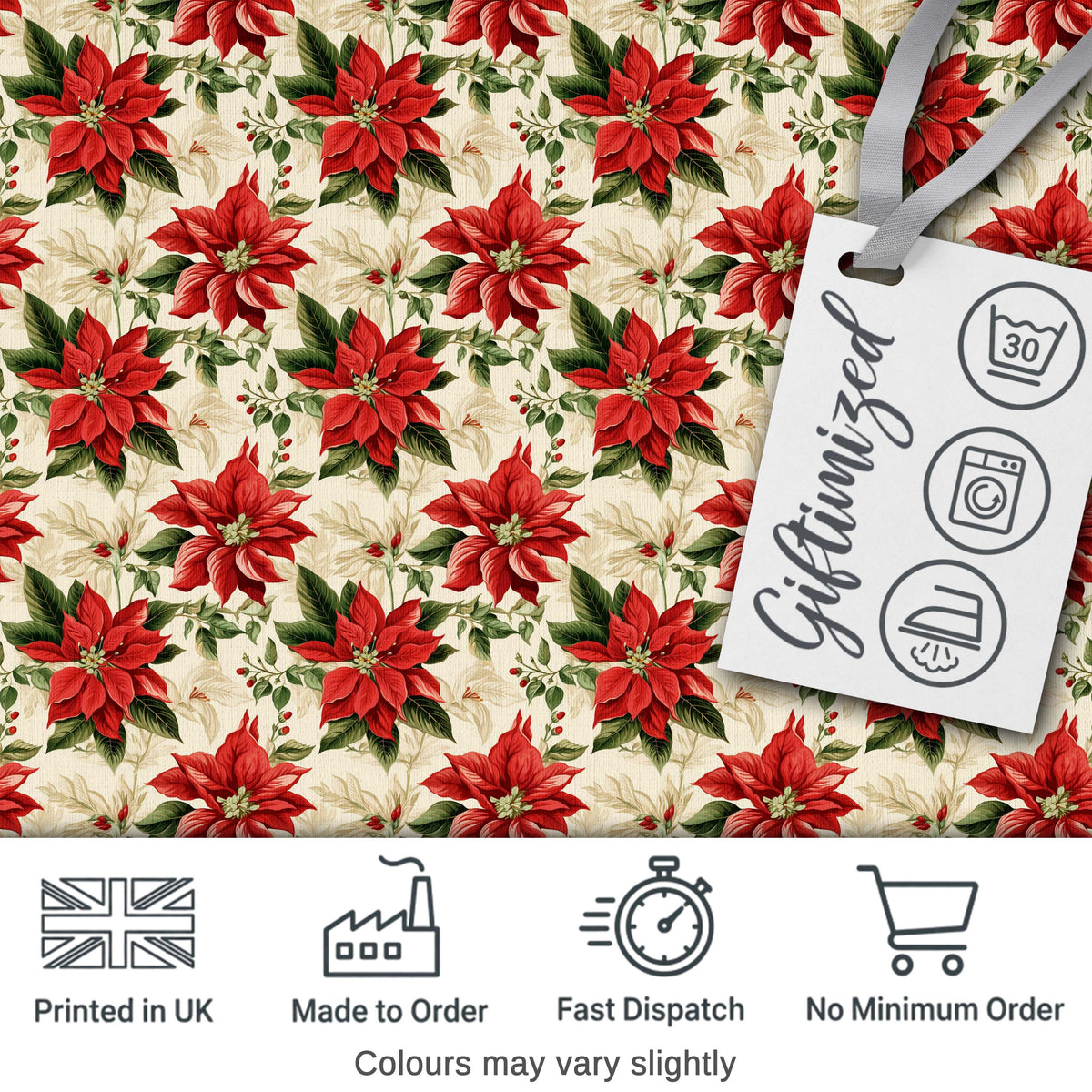 Vintage Poinsettia Floral   Cream Background Christmas Botanical Print Digital Print Fabric by the Metre UK Sewing Quilting Textile