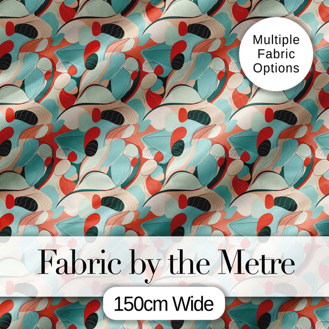 Abstract Mid Century Modern Organic Shapes Teal Coral  Seamless Pattern Digital Print Fabric by the Metre UK Sewing Quilting Textile