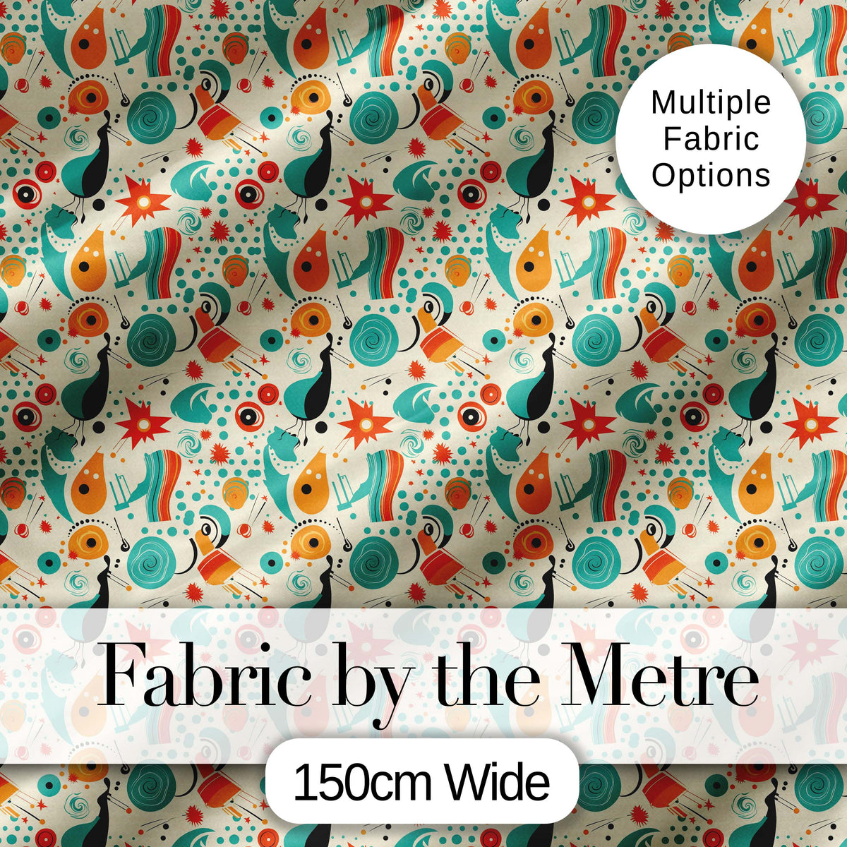 Whimsical  Abstract Birds and Shapes   Teal Orange Mid Century Style Digital Print Fabric by the Metre UK Sewing Quilting Textile
