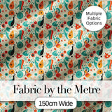 Whimsical  Abstract Birds and Shapes   Teal Orange Mid Century Style Digital Print Fabric by the Metre UK Sewing Quilting Textile