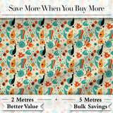 Whimsical  Abstract Birds and Shapes   Teal Orange Mid Century Style Digital Print Fabric by the Metre UK Sewing Quilting Textile