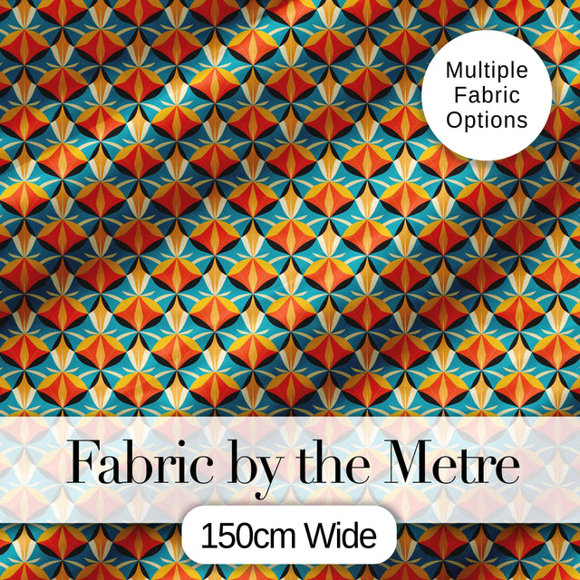Geometric  Fan Pattern Teal Orange Symmetrical Seamless Design Digital Print Fabric by the Metre UK Sewing Quilting Textile