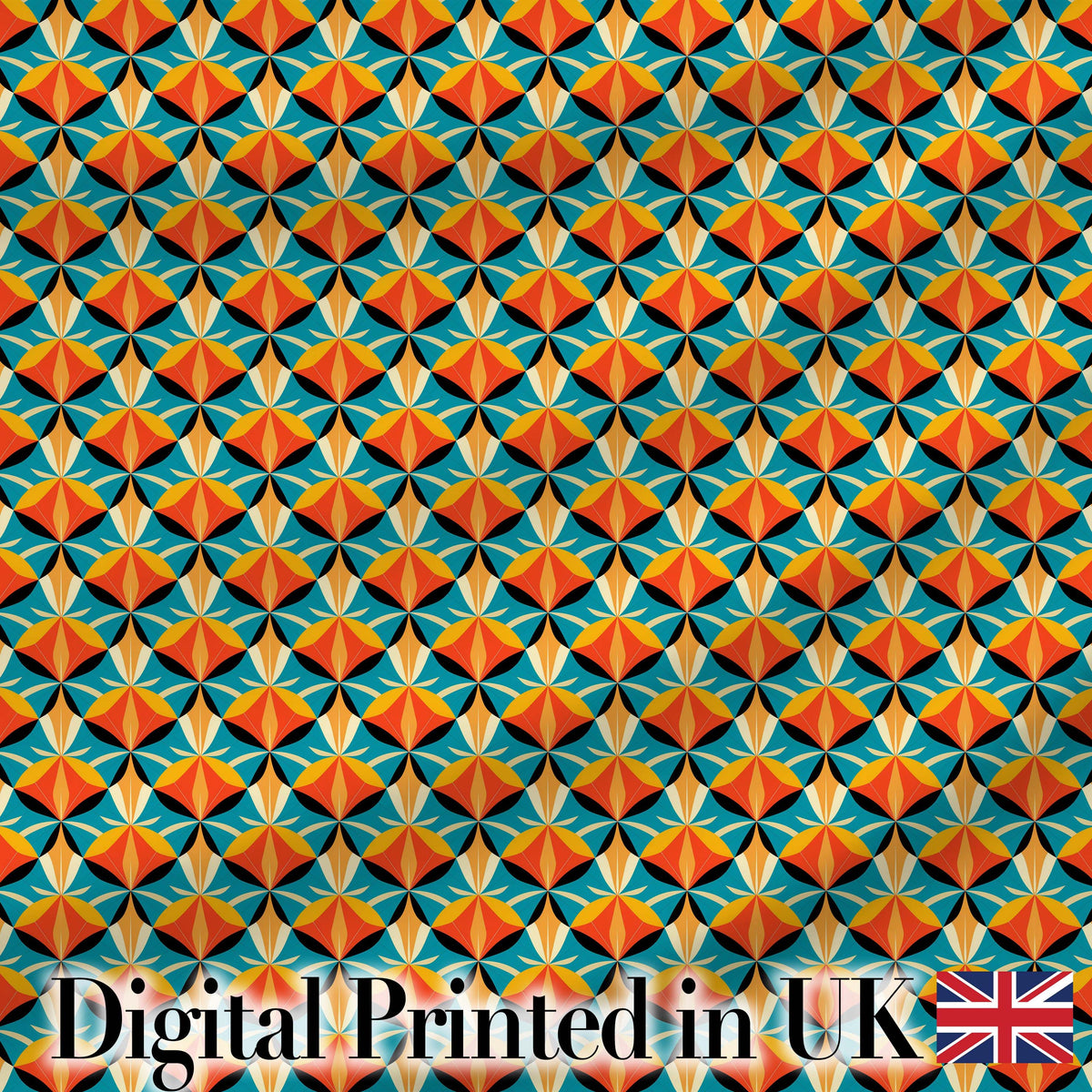 Geometric  Fan Pattern Teal Orange Symmetrical Seamless Design Digital Print Fabric by the Metre UK Sewing Quilting Textile