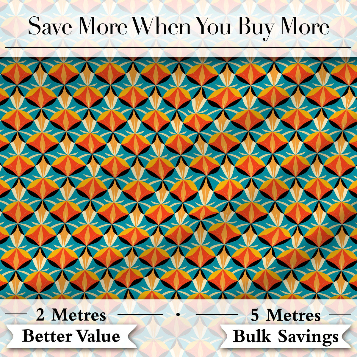 Geometric  Fan Pattern Teal Orange Symmetrical Seamless Design Digital Print Fabric by the Metre UK Sewing Quilting Textile