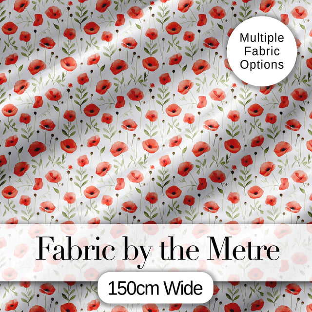 Delicate Red Poppy Watercolor Floral Pattern Soft Botanical Seamless Design Digital Print Fabric by the Metre UK Sewing Quilting Textile