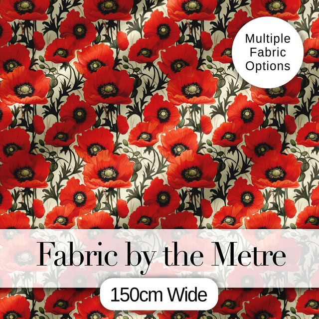 Vintage Poppy Floral Pattern Bold Red Flowers Botanical Seamless Design Digital Print Fabric by the Metre UK Sewing Quilting Textile