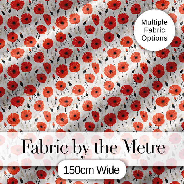 Minimal Red Poppy Floral Pattern Elegant Botanical Seamless Design Digital Print Fabric by the Metre UK Sewing Quilting Textile
