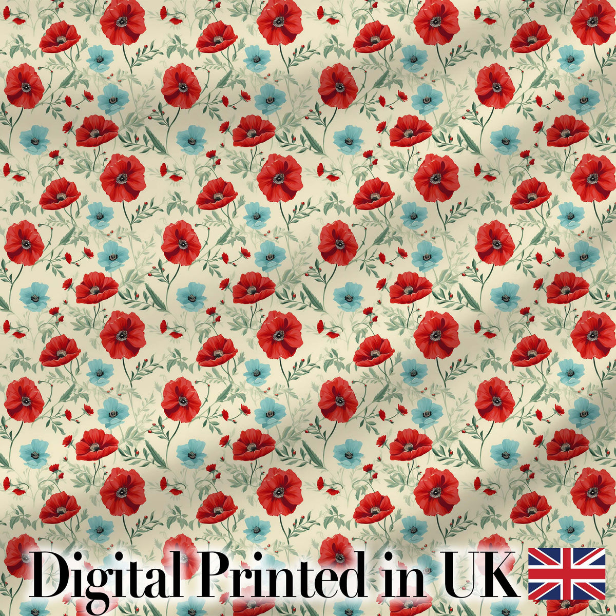 Wildflower Poppy Pattern Red and Blue Botanical Seamless Vintage Style Digital Print Fabric by the Metre UK Sewing Quilting Textile