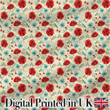 Wildflower Poppy Pattern Red and Blue Botanical Seamless Vintage Style Digital Print Fabric by the Metre UK Sewing Quilting Textile