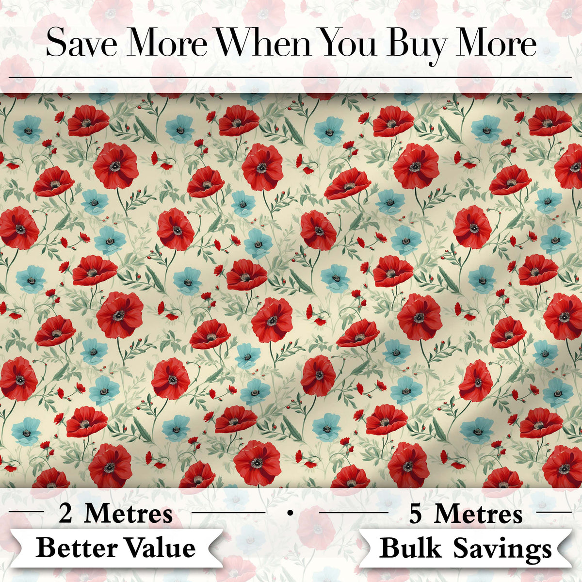 Wildflower Poppy Pattern Red and Blue Botanical Seamless Vintage Style Digital Print Fabric by the Metre UK Sewing Quilting Textile